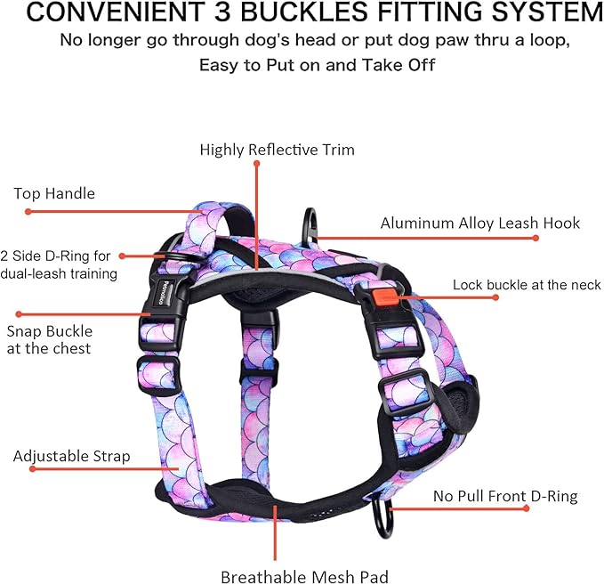 Petmolico No Pull Dog Harness and Leash Set, No Choke 2 Leash Attchments Easy Control Handle Soft Padded Reflective Vest Pet Harness for Medium Dog Breed, Mermaid Style Medium