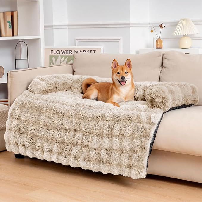 FUNNYFUZZY Calming Dog Bed Mat, Fluffy Fuzzy Couch Cover for Sofa, Furniture Protector with Removable Washable Cover for Medium Small Dogs and Cats (Coffee,47.24 × 37.4 × 6.3 in)