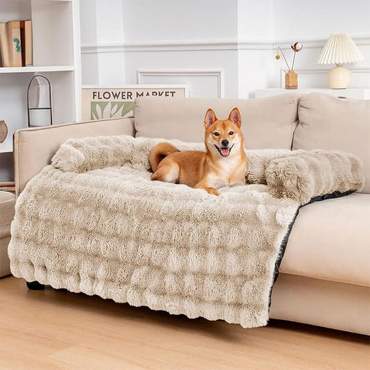 FUNNYFUZZY Calming Dog Bed Mat, Fluffy Fuzzy Couch Cover for Sofa, Furniture Protector with Removable Washable Cover for Medium Small Dogs and Cats (Coffee,47.24 × 37.4 × 6.3 in)