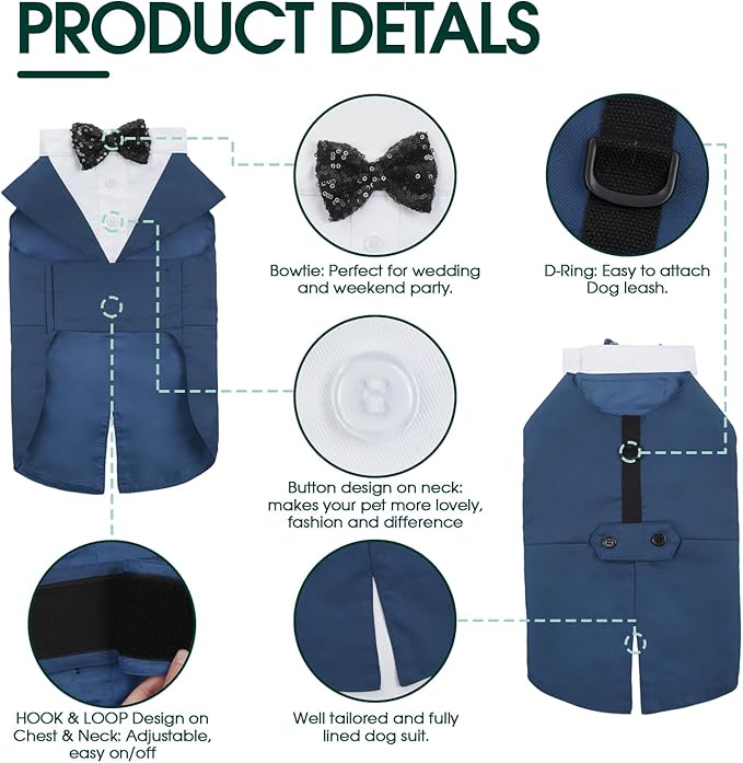 Kuoser Dog Tuxedo Dog Suit and Bandana Set, Dogs Tuxedo Wedding Party Suit, Doggy Prince Bow Tie Shirt Formal Pet Wedding Attire for Large Medium and Small Dogs Golden Retriever Samo Bulldogs