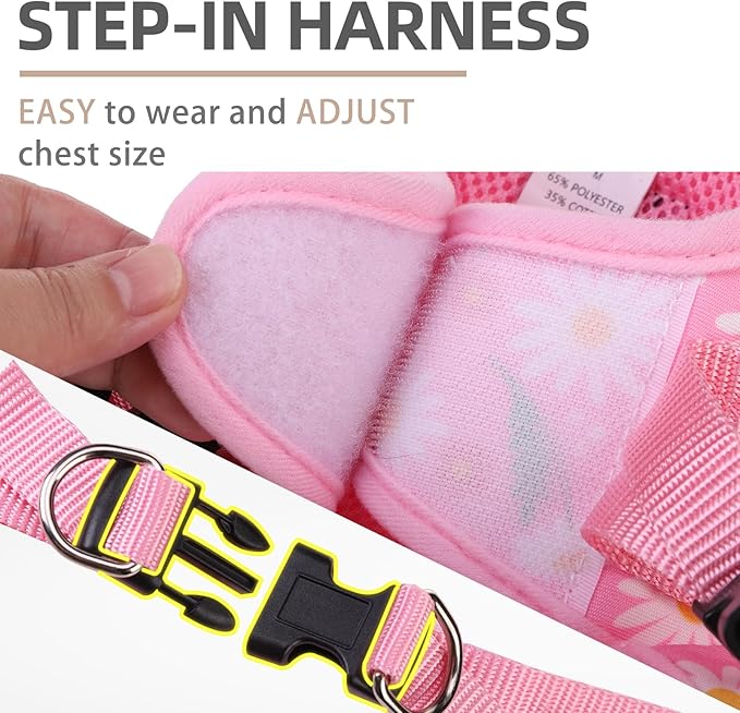 PUPTECK Dog Harness and Leash Set for Small Medium Dogs No Pull Step-in Soft Mesh Puppy Cat Vest Harnesses Reflective at Night, Pink Floral, S