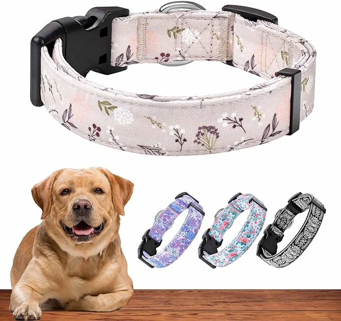 Dog Collar for Medium & Large Dogs - Flowers Cotton Padded Pattern on Long Lasting, Adjustable, Strong and Durable Collars - Choose from Stunning Patterns and Colors