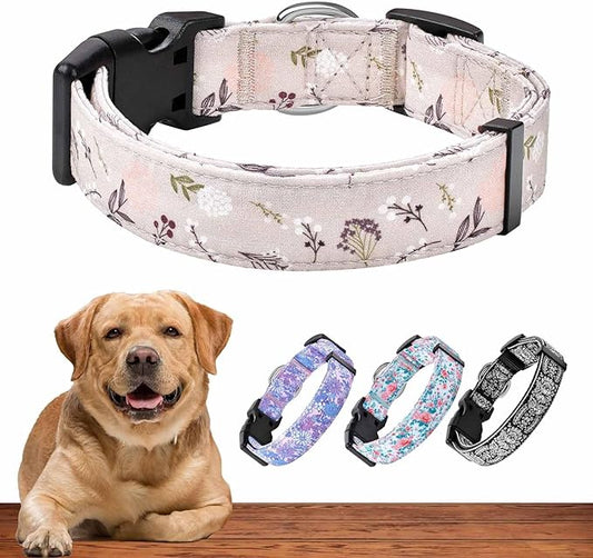 Dog Collar for Medium & Large Dogs - Flowers Cotton Padded Pattern on Long Lasting, Adjustable, Strong and Durable Collars - Choose from Stunning Patterns and Colors