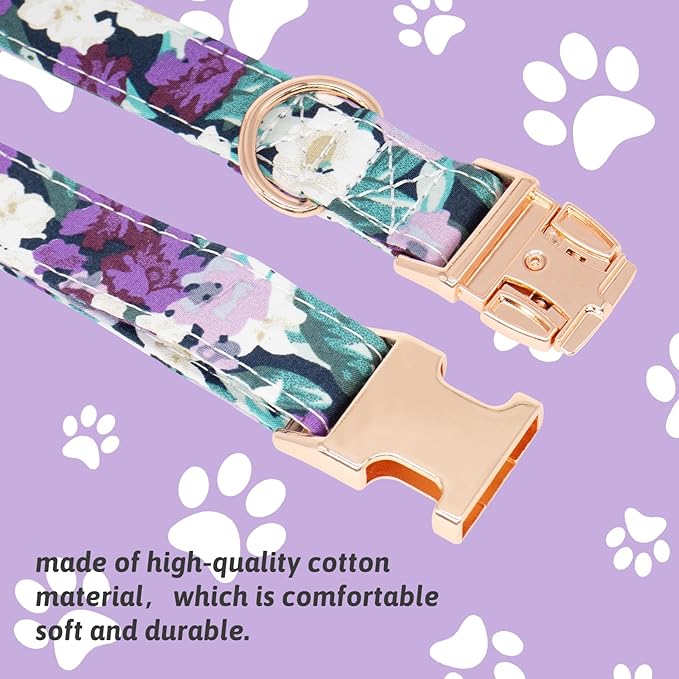Dog Collar and Leash Set Girls Adjustable Puppy Collars with Floral Bow Tie for Small Medium Large Female Dogs, Purple Green Flower, S