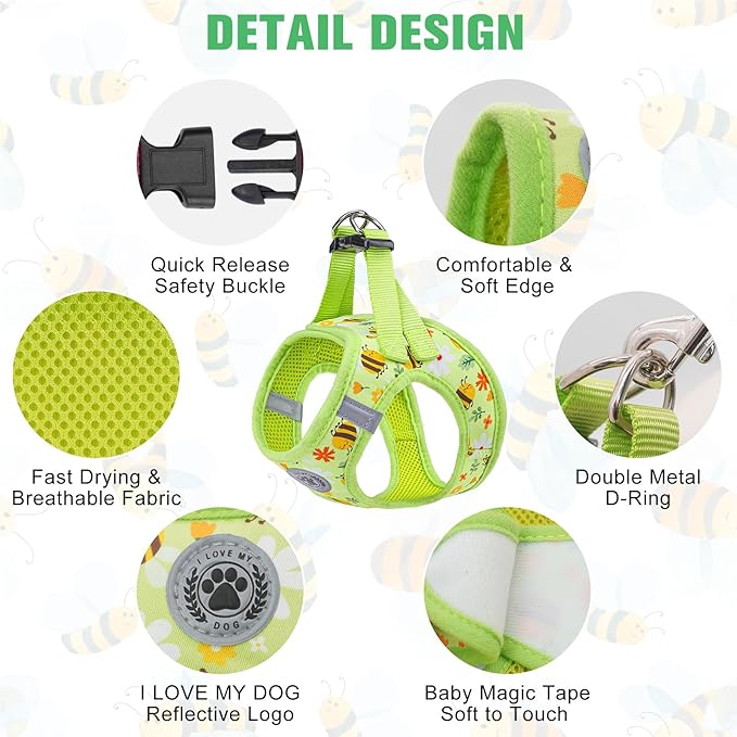 BEAUTYZOO Step in Dog Harness and Leash Set,Reflective Dog Harness No Pull No Choke Puppy Harness for Small Medium Large Dogs Cats,Soft Padded Mesh Vest Harnesses for Girl and Boy Pets, Bee M
