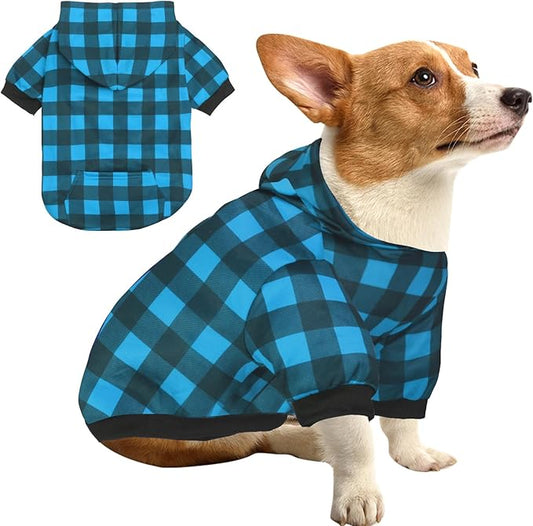 Plaid Dog Sweaters Hoodies Sweatshirts for Dogs Cats, Warm and Soft Cold Weater Coats for Christmas (Blue, Small)