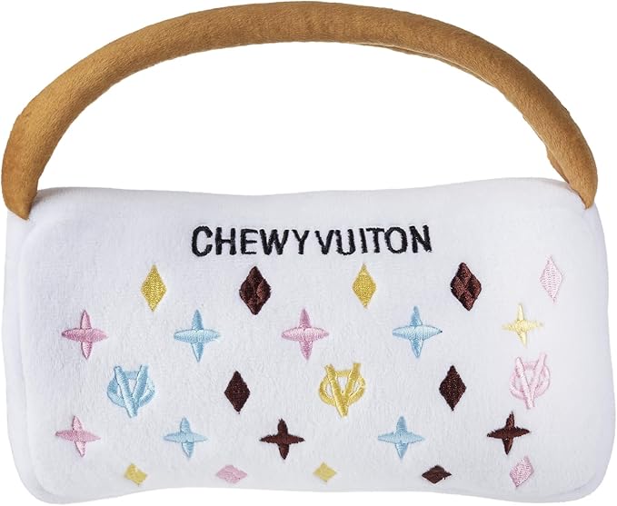 Haute Diggity Dog Chewy Vuiton White Purse, Plush Designer Dog Toys with Interactive Squeaker, Stimulating Pet Enrichment, Machine-Washable & Safe Materials for All Breeds, Size Large