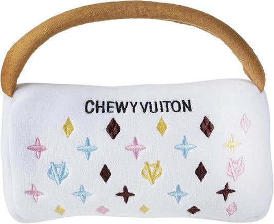 Haute Diggity Dog Chewy Vuiton White Purse, Plush Designer Dog Toys with Interactive Squeaker, Stimulating Pet Enrichment, Machine-Washable & Safe Materials for All Breeds, Size Large