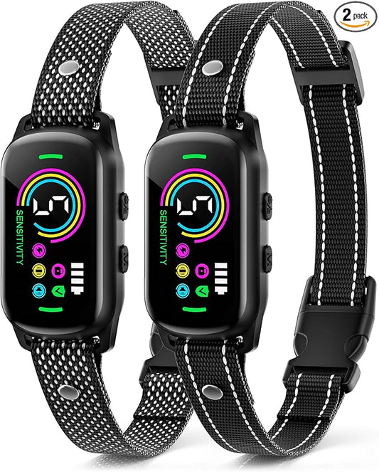 2 Pack Bark Collar, Rechargeable Dog Bark Collar for Large Medium Small Dogs, Smart Training Collar with 5 Adjustable Sensitivity Beep Vibration Harmless Shock, Anti Barking Device for Dogs