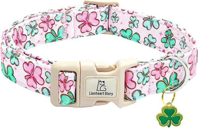 Lionheart glory St. Patrick Dog Collar, Clover Collars Pink Dog Collar for Medium Dogs Spring Female Dog Collar Adjustable Heavy-Duty Dog Collar Pet Gift Plastic Buckle