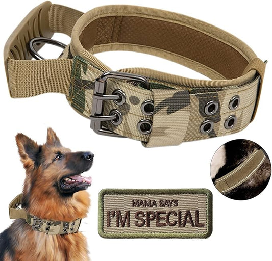 Tactical Dog Collar with Handle - Military Adjustable Dog Training Collar Soft Nylon and Heavy Duty Metal Buckle for Medium Large Dogs - with Patch (Camo with Patch, Medium)