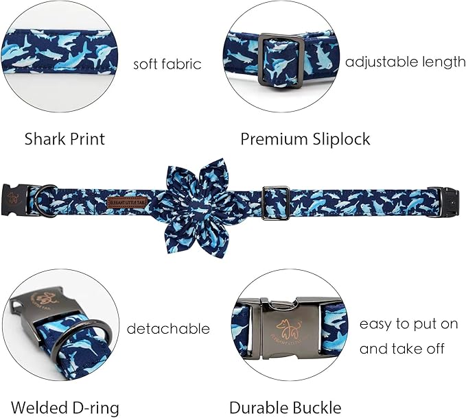 Elegant Little Tail Flower Shark Print Collar - Durable, Cute, Adjustable for Small Puppy & Dog