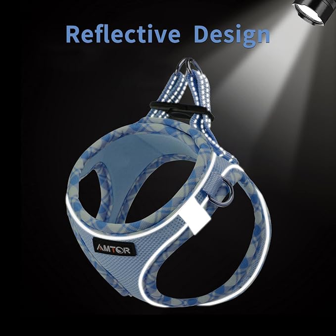 AMTOR Small Dog Harness with Leash Set, No Escape Easy Walk Puppy Harnesses for Training Walking, Step-in Reflective Soft Dogs Vest for XS S Medium Extra-Small Large Sized Dog(S Size,Blue/White)