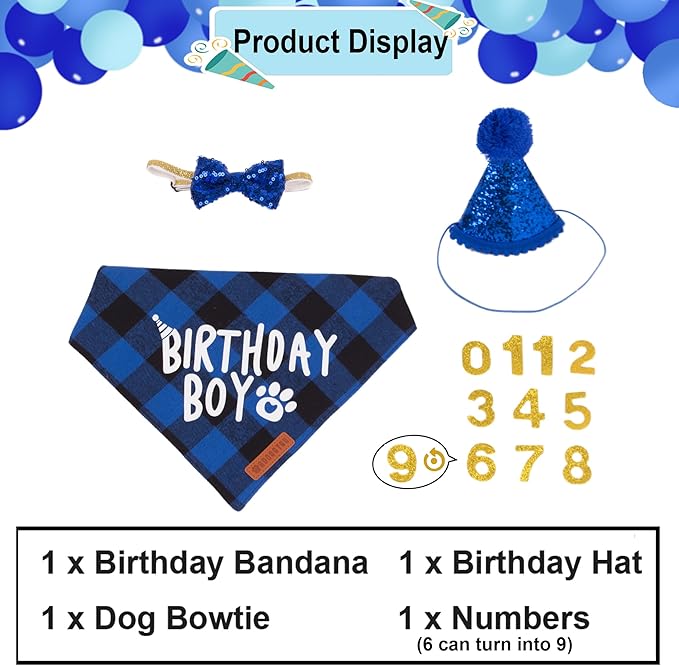 ADOGGYGO Dog Birthday Party Supplies, Multi Size Offered, Blue Birthday Boy Dog Bandana, Pet Party Hat with Numbers Bow for Small Puppies (Small)