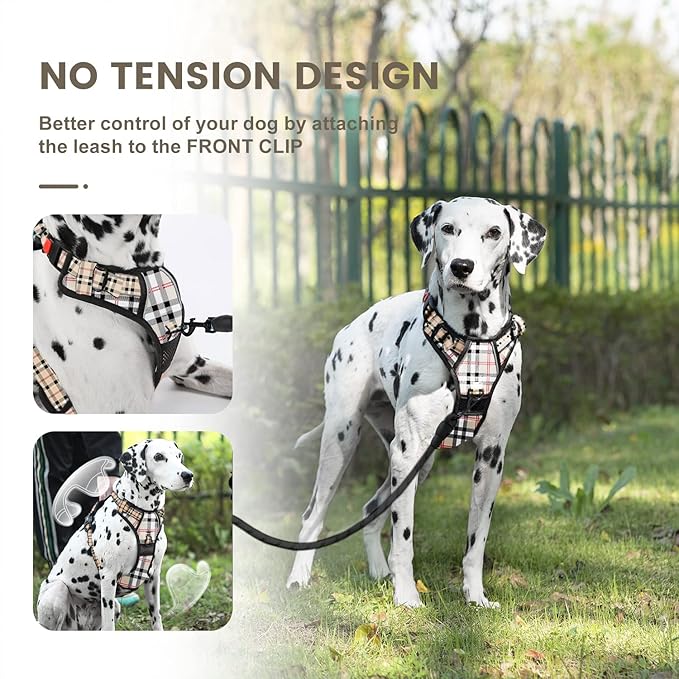 FURRYFECTION Plaid Dog Harness for Small Dogs | No Pull Reflective Pet Harness | No Choke Adjustable Dog Vest Harnesses | with Leash | Easy Control Handle | Front Lead | Seat Belt | Beige&White | S