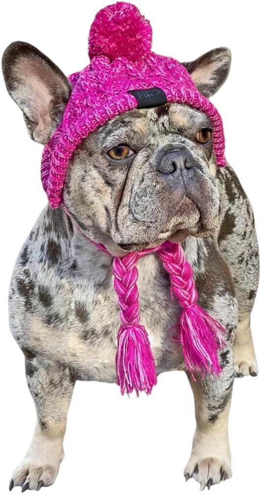Knitted Dog Hat with Ear Holes & Adjustable Chin Strap - Warm & Snug Fit Dog Beanie for French Bulldog - Light & Soft Yarn Dog Hats - Stylish Dog Accessories & Clothes - Beanies for Dogs(Pink, Small)