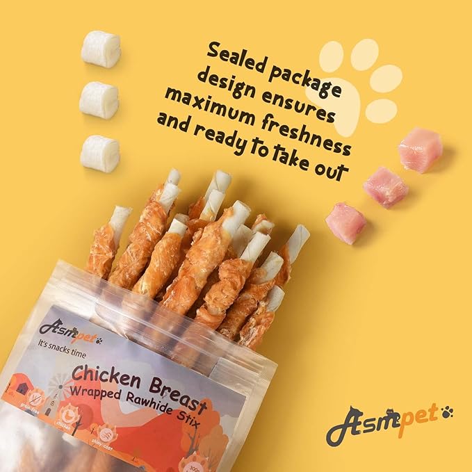 ASMPET Dog Treats Small Dogs, Chicken Wrapped Rawhide Bones Dog Chews Long Lasting for Cleaning Teeth Grain Free for Medium Large Breed(20 pcs 10.6 oz)