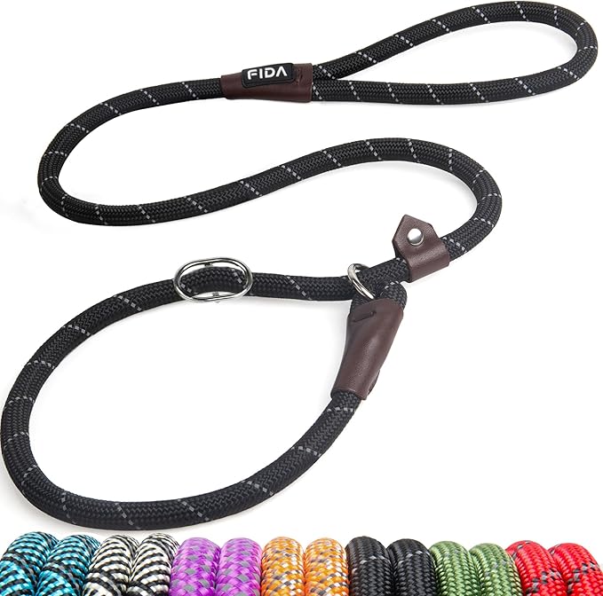 Fida Slip Leads for Dogs, 4 FT x 1/2" Heavy Duty Comfortable Strong Rope Leash for Large, Medium Dogs, No Pull Pet Training Leash with Highly Reflective, Black