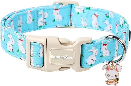 Lionet Paws Easter Dog Collar, Comfortable Adjustable Blue Rabbit Collar with Bunny Rabbit for Medium Male Female Dogs Collars, Neck 13.5-22 inches