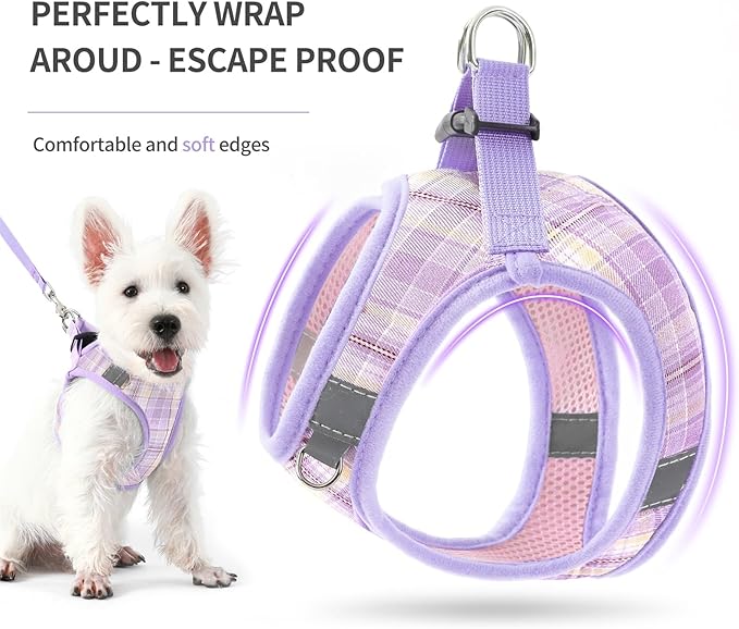 voopet Small Dog Harness and Leash Lightweight Cat Comfort Padded Soft Mesh Vest Step in Dog Harness No Pull No Choke Reflective Small Plaid Girl & Boy Puppy Kitty Walking Harness, Purple L