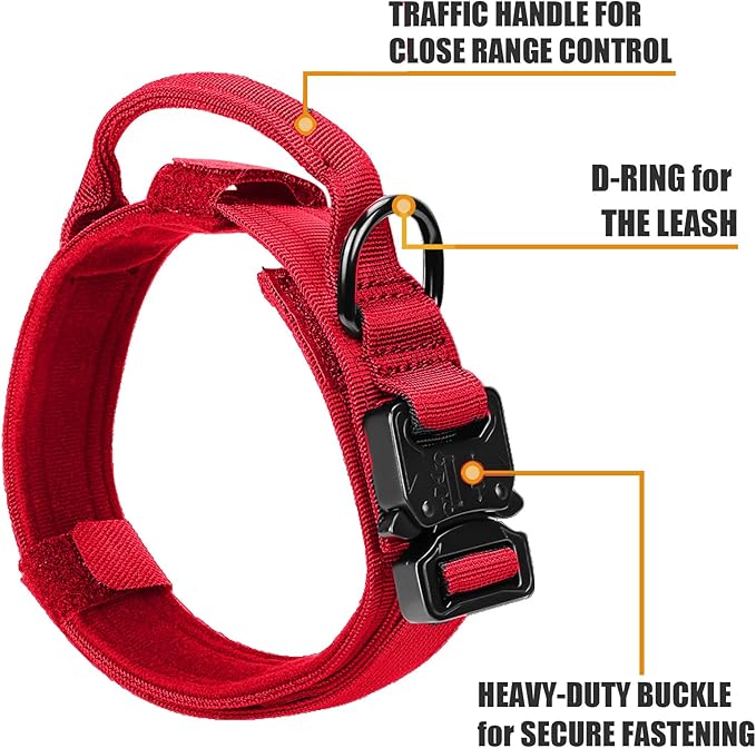 Tactical Dog Collar and Bungee Leash,Military Dog Collar & Leash Set with USA American Flag Adjustable K9 Collar with Heavy Duty Metal Buckle & Handle,with Patches and Airtags Case (M, Red)