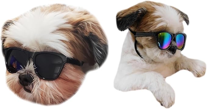 G014 Dog Cat Pet 80s Sunglasses Goggles for Small Breeds up to 15lbs (2-Pack Black+ Black-Rainbow Mirror)