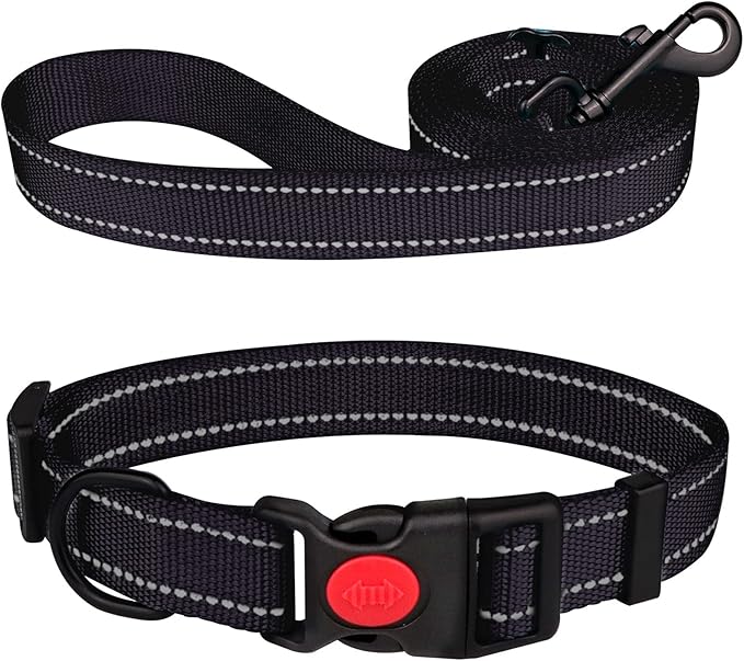 Reflective Dog Collar and Leash Set with Safety Locking Buckle Nylon Pet Collars Adjustable for Small Medium Large Dogs 3 Sizes(Black&S)