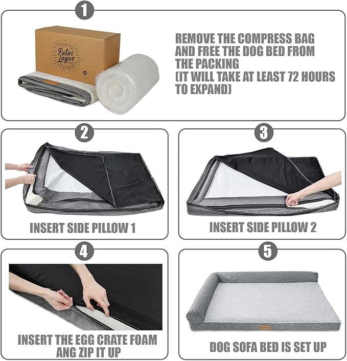 Patas Lague Orthopedic XL Dog Bed for Large Dogs 42''X28'', Waterproof L Shaped Big Large Pet Sofa Beds with Removable Washable Cover, Soft Comfortable Pet Couch Mat with Nonskid Bottom, Grey