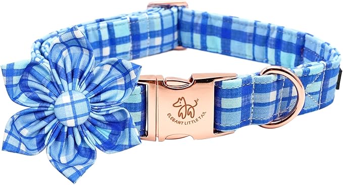 Elegant Little Tail Blue Plaid Flower Collar - Soft, Adjustable for Medium Dogs