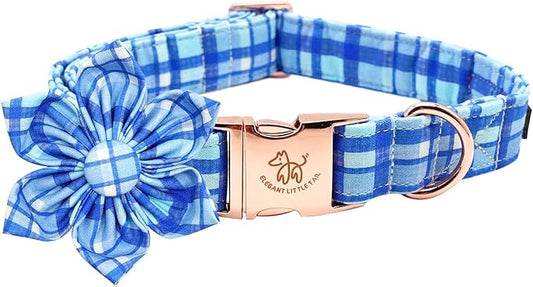 Elegant Little Tail Blue Plaid Adjustable Flower Collar for X-Large Dog