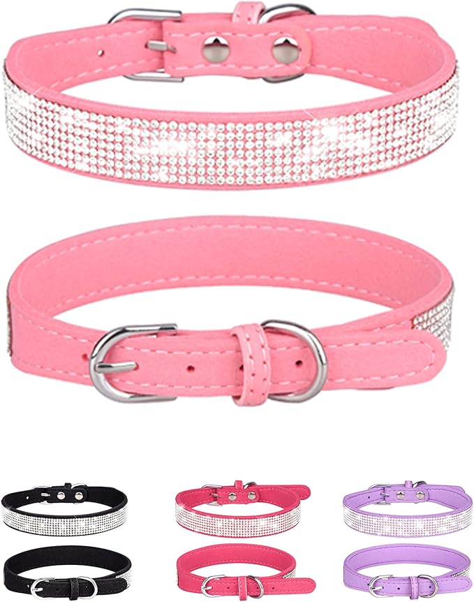 Dog Collar for Medium Dogs, Adjustable Leather Suede Bling Dog Collars，Pink Dog Collar Cat Collar, Rhinestone Dog Collar (M, Pink)