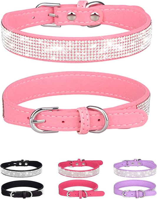 Dog Collar for Medium Dogs, Adjustable Leather Suede Bling Dog Collars，Pink Dog Collar Cat Collar, Rhinestone Dog Collar (M, Pink)
