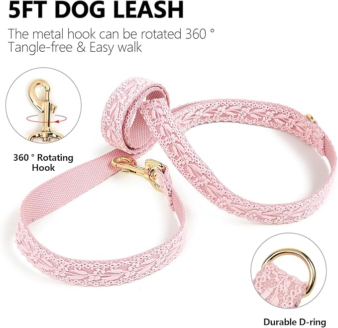 Embroidered Dog Harness and Leash Set for Medium Dogs Adjustable Cotton Lace Handmade 4-5 FT Leash with Bowknot Flower Gift for Female Dog M