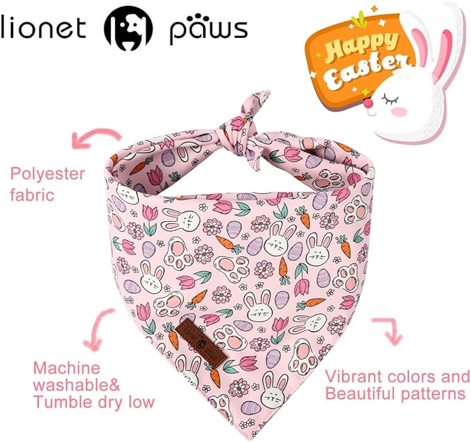Lionet Paws Easter 2pcs Dog Bandanas, Pink Rabbit Dog Scarf Bib Premium Fabric,Cute Rabbit Claw Flower Bandanas for Medium Large Dogs Pets