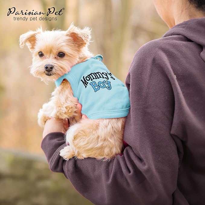 Parisian Pet Dog T-Shirt with Embroidered 'Mommy’s Boy' Words - 100% Cotton Boy Dog Clothes - Breathable Mamas Boy Tee Shirt - Machine Washable Shirts for Large Dogs, 2XL