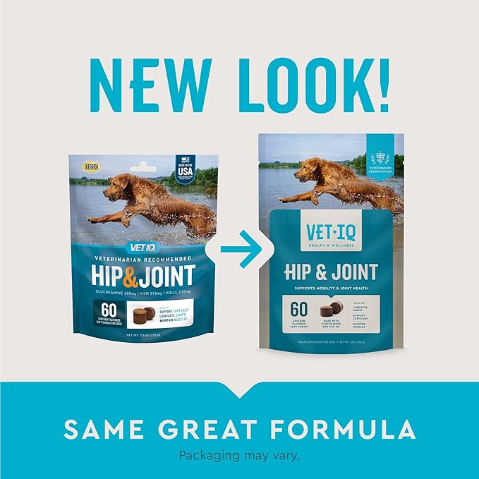 VetIQ Hip & Joint Supplement for Dogs, Anti Inflammatory Joint Support, Glucosamine, MSM, and Krill, Chicken Flavored Soft Chews, 60 Count