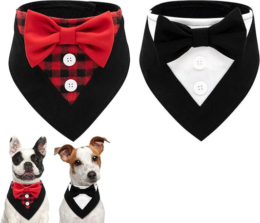 Cyeollo 2Pack Christmas Dog Tuxedo Bandana Collar - Adjustable Costume, Wedding Attire, Party Formal Tux With Bowtie, Puppy Outfit for Small Dogs, Black & Plaid S