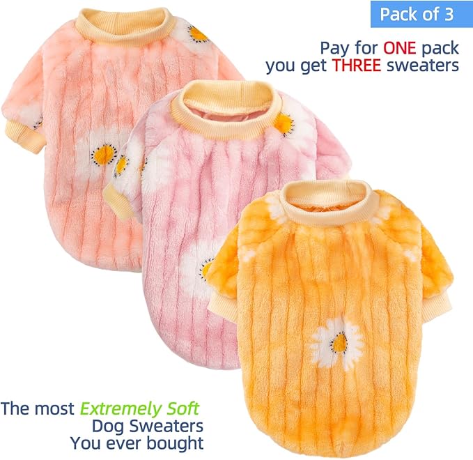 FabriCastle Small Dog Sweaters, 3-Pack Dog Clothes for Small Dogs Girl & Cats, Soft and Warm Pet Coats XXS - XXL, Winter Pet Jackets, Doggy Apparel Costumes, Puppy Outfits (Pink,violet,yellow, Medium)