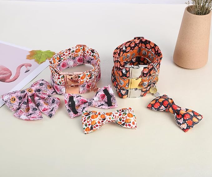 DOGWONG Fall Dog Collar with Bowtie - Fall Thanksgiving Dog Collar Soft Cotton Autumn Dogs Necklace - Halloween Puppy Necklace for Small Medium Large Dogs