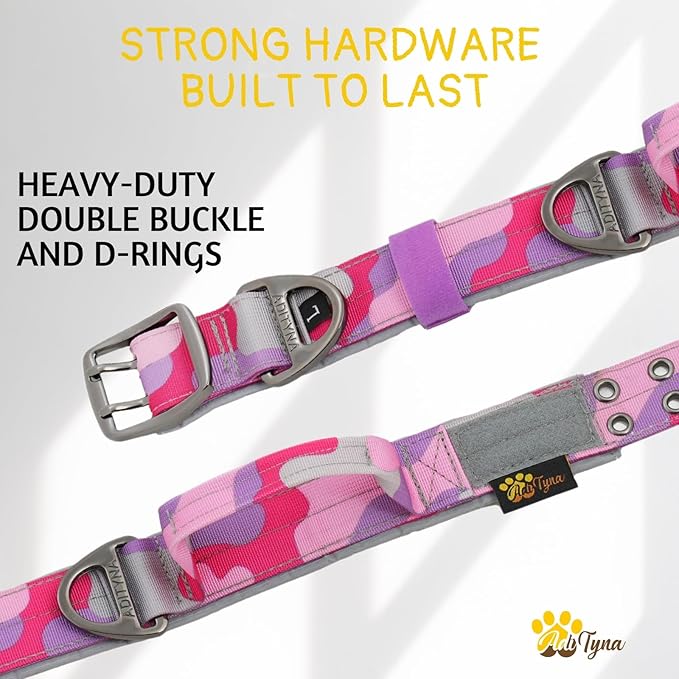 ADITYNA Heavy Duty Dog Collar for Medium Dogs - Camo Pink Purple Collar with Handle for Training, and Walking - Wide, Thick, Tactical, Soft Neoprene Padded