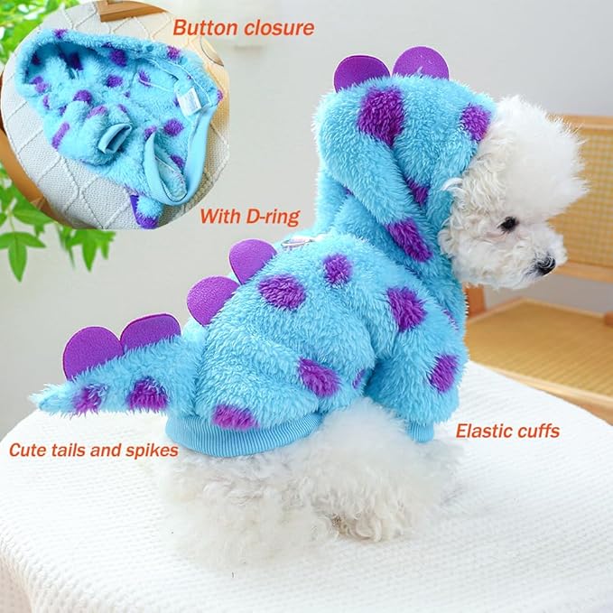 Dinosaur Dog Clothes for Small Dog Girl Boy,Fleece Winter Puppy Hoodies with Leash Ring,Cold Weather Coat for Cat,Funny Dog Dinosaur Costume for Christmas Halloween. (Blue-2, Large)