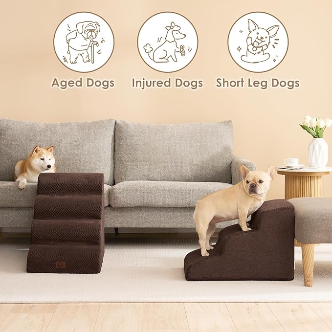 EHEYCIGA Curved Dog Stairs Ramp for Small Dogs 15.7" H, 3-Step Dog Steps for Couch Sofa and Chair, Pet Stairs for Cats, Non-Slip Balanced Pet Steps Indoor, Brown