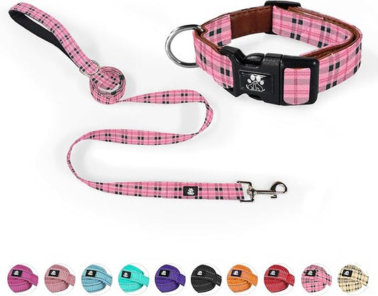 NESTROAD Dog Collar and Leash Set,Durable Leather Pet Collar with Quick Release Buckle,Adjustable Nylon Dog Collars for Small Medium Large Dogs(Medium Collar + 5FT Leash,Cherecked Pink)