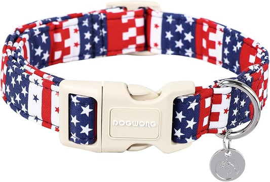 DOGWONG Cotton Dog Collar - 4th of July Durable Soft Natural Fabric Pet Collar, Cute Patriotic Puppy Necklace for Small Medium Large Dogs