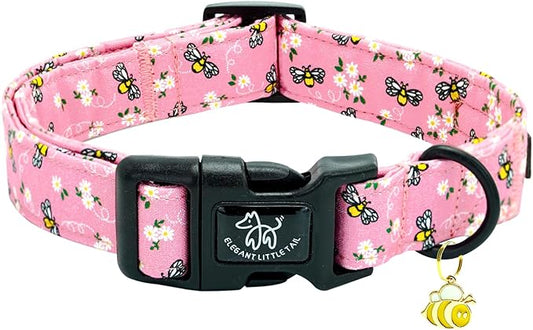 Elegant little tail Dog Collar, Cute Bees Pattern Pet Collar Pink Durable Holiday Female or Male Adjustable Cotton Pet Collar with Quick Release Buckle for Large Dogs