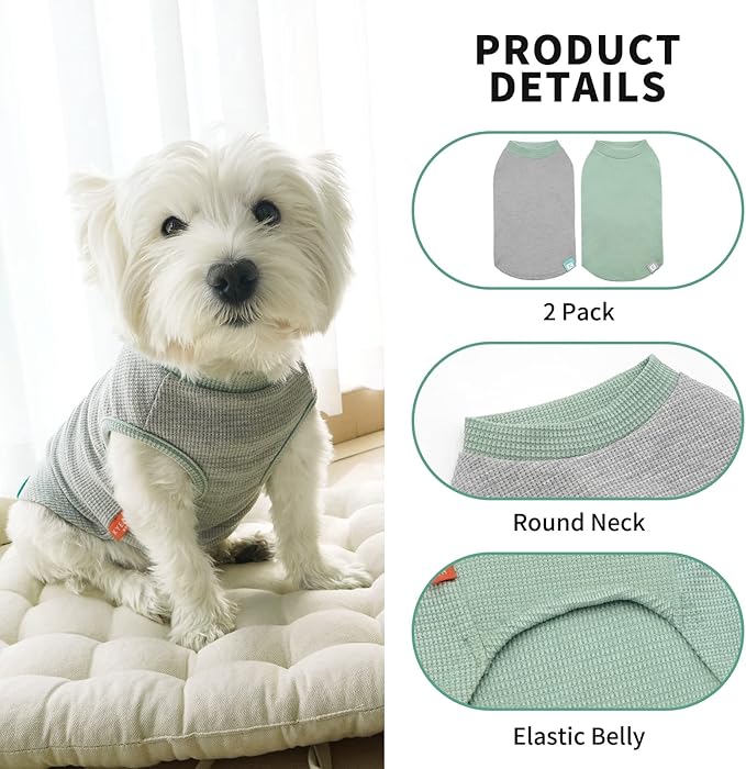 KYEESE 2Pack Dog Shirts Waffle for Small Dogs Stretchy Dog T-Shirts Lightweight Tank Top Sleeveless Vest Breathable Cat Shirt, Medium, Green+Grey