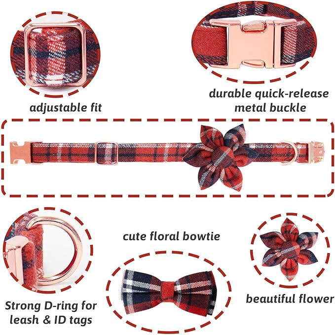 Dog Collar and Leash Set Girls Adjustable Puppy Collars with Plaid Bow Tie for Small Medium Large Female Dogs, Red Plaid, XS