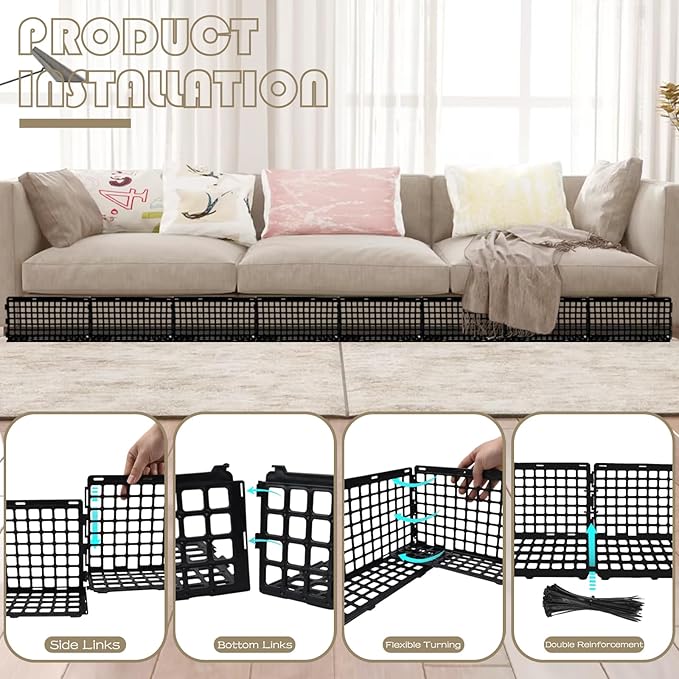 12 Pcs Under Couch Blocker for Bed Adjustable Furniture Plastic Under Bed Blocker with 30 Ties Black Couch Barriers for Dogs Pets Cats (Style 1)
