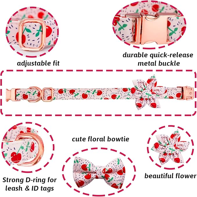 Dog Collar and Leash Set Girls Adjustable Puppy Collars with Floral Bow Tie for Small Medium Large Female Dogs, Cherry, S