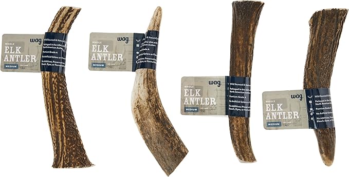 Amazon Brand - Wag Dog Elk Antler Chew, Naturally Shed, Whole, Medium 6-7.5 inches, Long Lasting for Aggressive Chewers, Best for Dogs 15-30 lbs, 2.90 Ounce (Pack of 1)